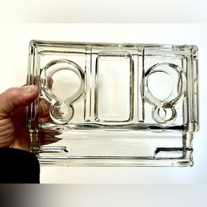 Vintage English Glass Double Inkwell Stand Desk Set Art Deco Desk Accessory
